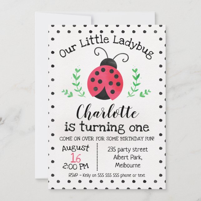 Aquarelle Ladybug Invitation d'anniversaire (Devant)