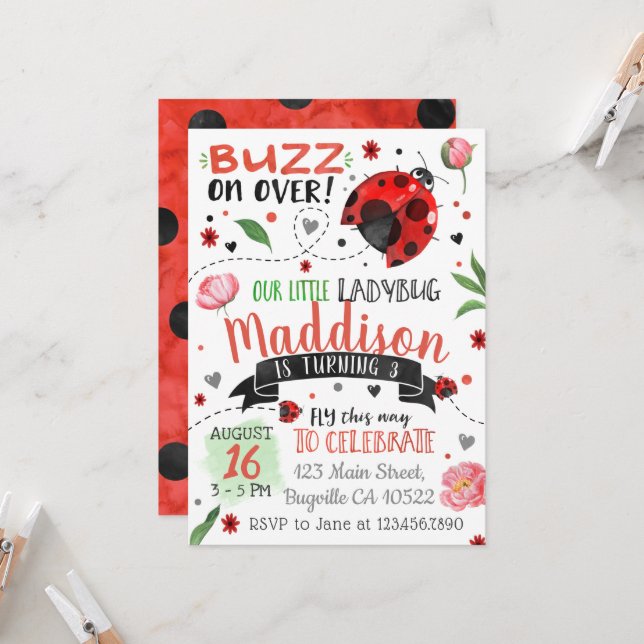 Aquarelle Ladybug printemps Invitation d'anniversa (Devant/Arrière en situation)