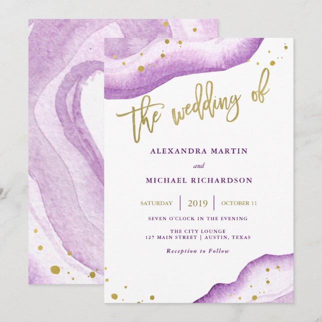 Aquarelle Lavender Gold Faire-part de mariage (Devant / Derrière)