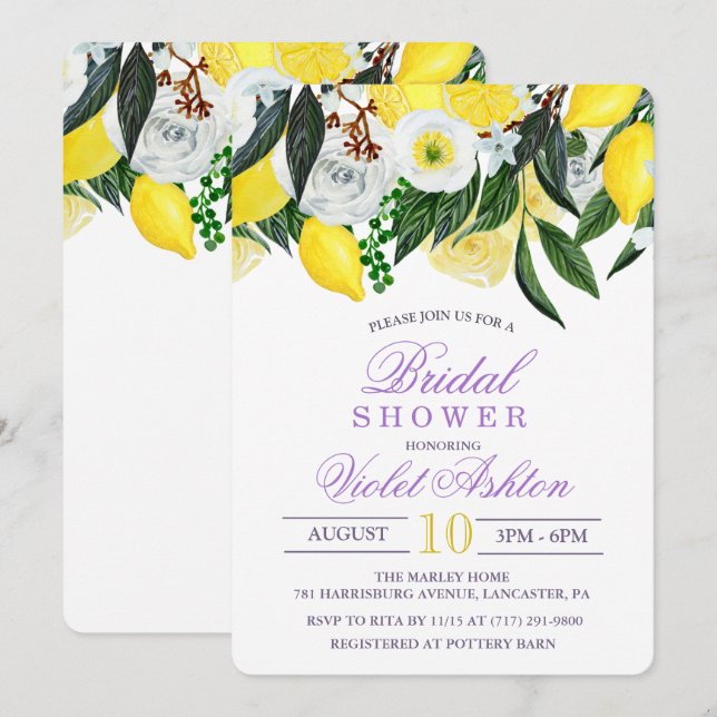 Aquarelle Lemon Floral Bridal Douche Invitation (Devant / Derrière)