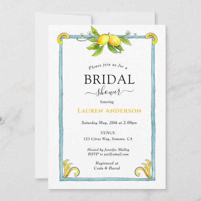 Aquarelle Lemon nuptiale invitation à la douche (Devant)