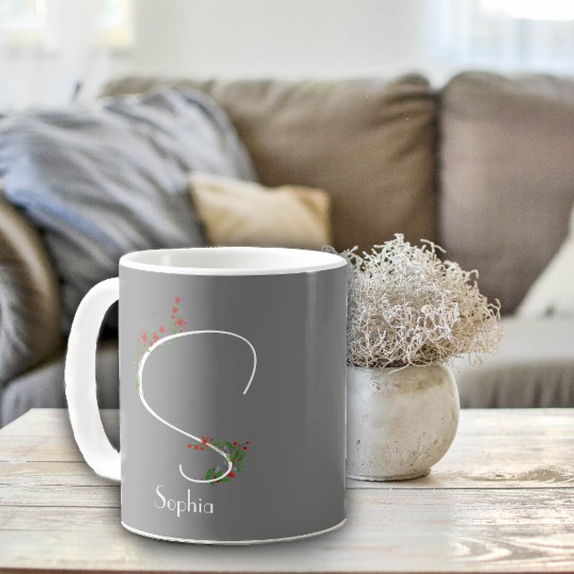 Aquarelle lettre fleur sauvage S tasse de café gri (Créateur téléchargé)