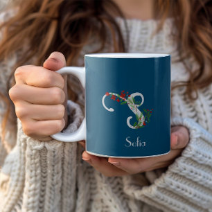 Aquarelle lettre fleur sauvage tasse de café bleu