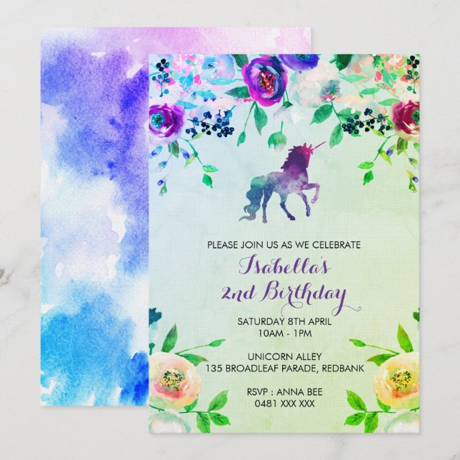 Aquarelle licorne invitation fille anniversaire (Devant / Derrière)