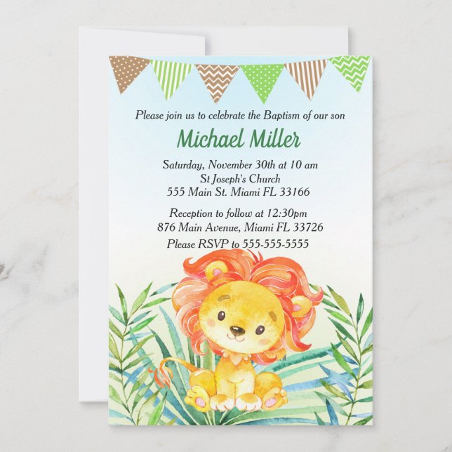 Aquarelle Lion Cub Baptême bébé Invitation (Devant)