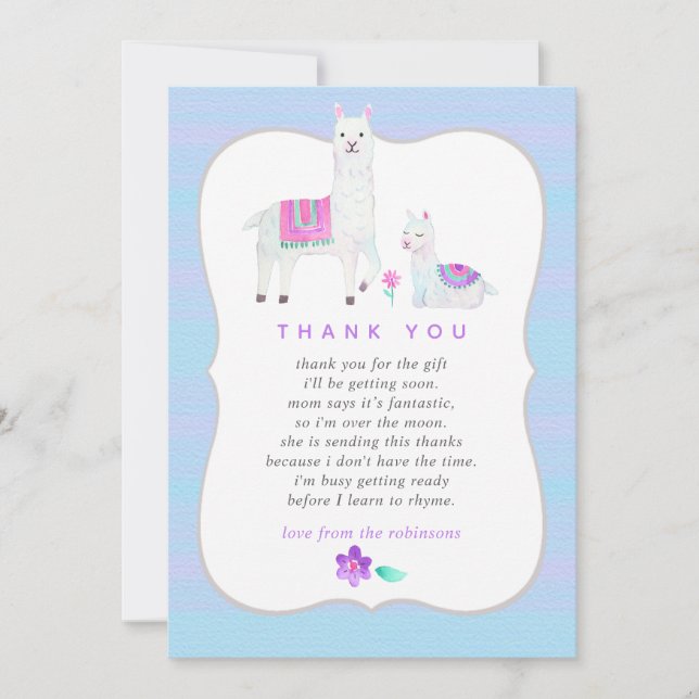 Aquarelle Llama thème Baby shower Merci (Devant)