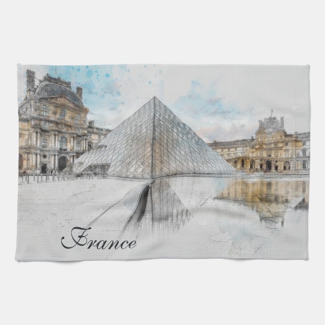 Aquarelle Louvre Paris France Serviette de cuisine (Horizontal)
