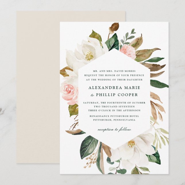 Aquarelle Magnolia Faire-part de mariage (Devant / Derrière)