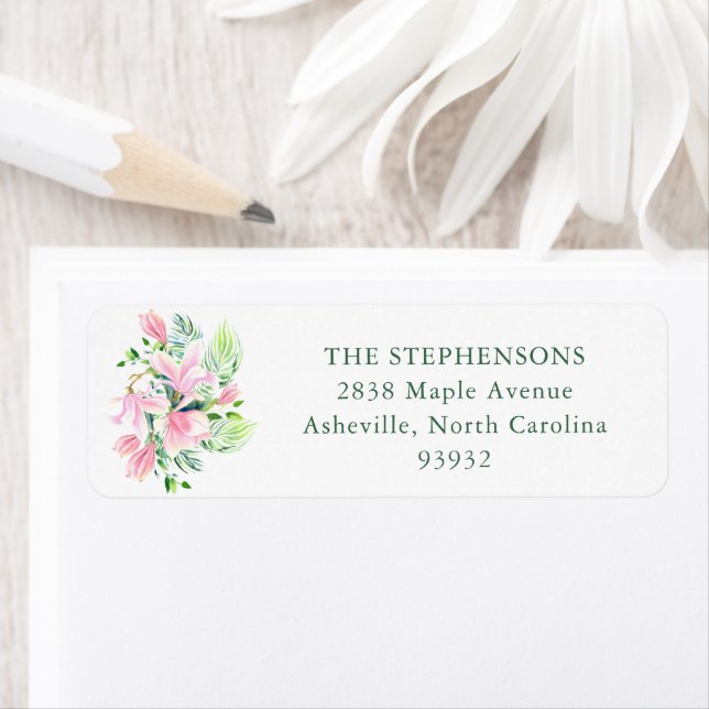 Aquarelle Magnolia Fleurs rose Adresse de retour (En situation)