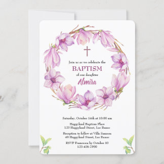 Aquarelle Magnolia Wreath Baptême Invitation