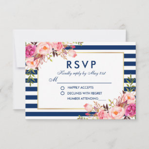 Aquarelle mariage Florale rose Bleu rayures RSVP
