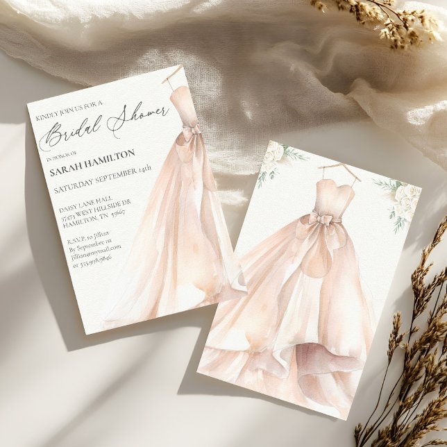 Aquarelle Mariage robe nuptiale douche Invitation (Simple Elegant Water Color Wedding Gown muted pastel colors with white boho floral bouquet )