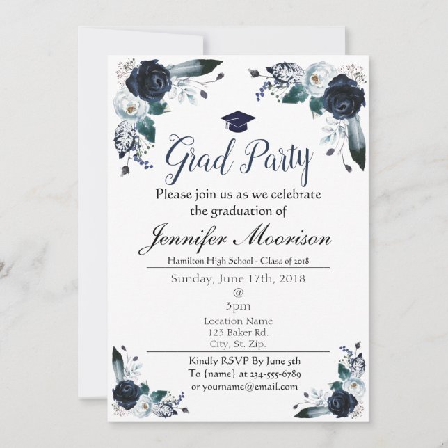 Aquarelle Marine Blue Floral Invitation (Devant)