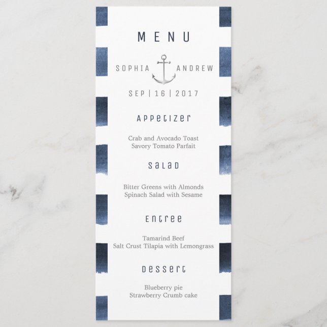 Aquarelle marine rayures de plage menu mariage (Devant)