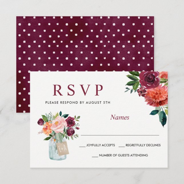 Aquarelle Marsala Bourgogne Mason Jar Floral RSVP (Devant / Derrière)