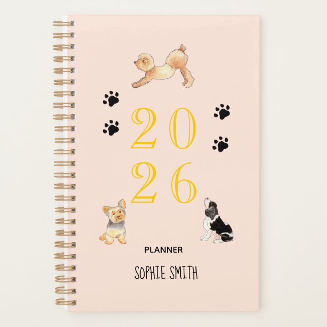 Aquarelle mignonne chiens Pink 2026 Planificateur (Devant)