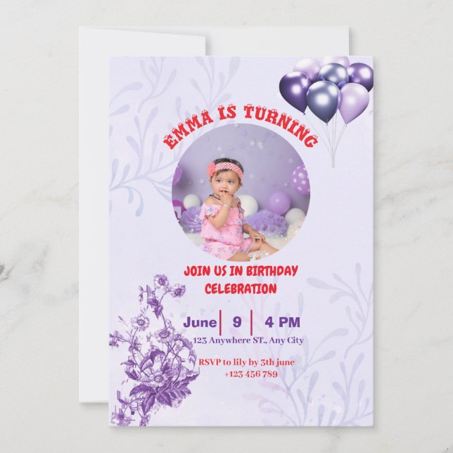 Aquarelle mignonne et violette Invitation d'annive (Devant)