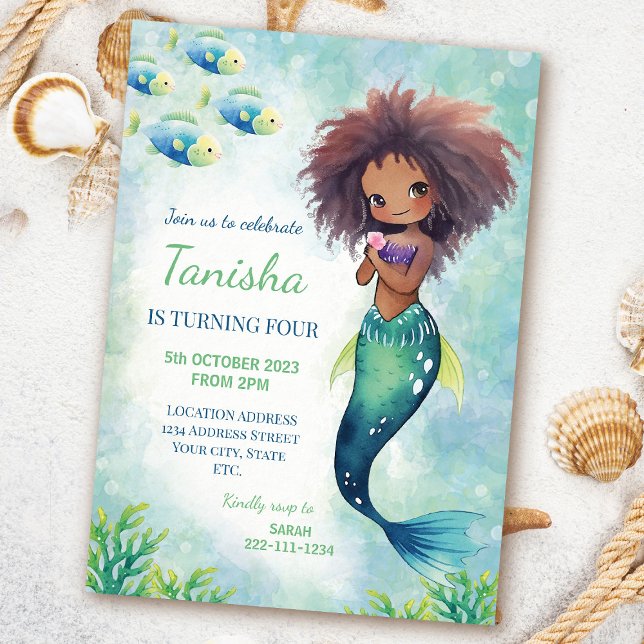 Aquarelle mignonne Sirène Noire Invitation Anniver (Créateur téléchargé)