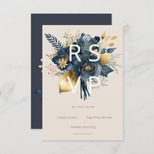 aquarelle minuit bleu or floral carte rsvp