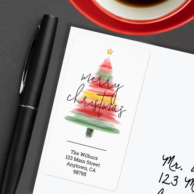 Aquarelle moderne Arbre de Noël Adresse de retour (Modern watercolor striped Christmas tree return address labels)