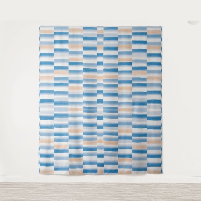 Aquarelle moderne bleu pêche Tapisserie rayée (Devant)