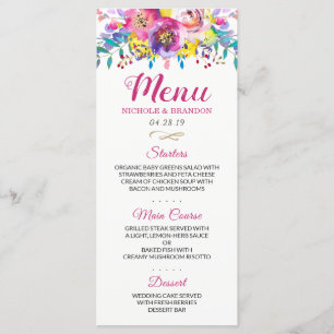 Aquarelle moderne Fuchsia Gold Floral Menu Mariage