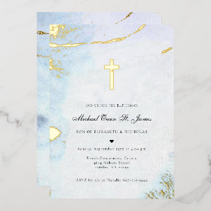 Aquarelle moderne   Invitation Baptême Bleu & Or
