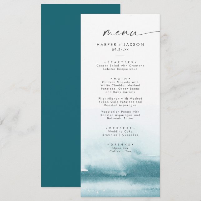 Aquarelle moderne | Menu Dîner Mariage Turquoise (Devant / Derrière)