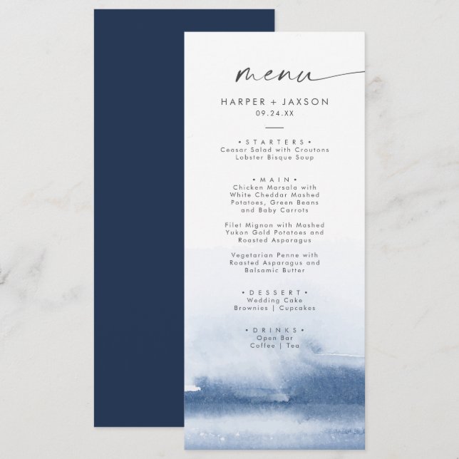 Aquarelle moderne | Menu Mariage Bleu (Devant / Derrière)