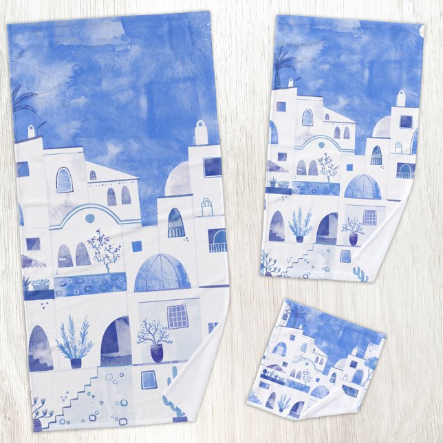 Aquarelle moderne Santorin Grèce île (Santorini Greek Island blue and white watercolor art bathroom towel set)