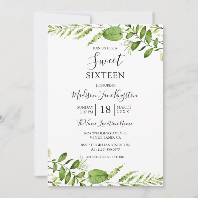 Aquarelle moderne Vert doux 16 Invitation (Devant)