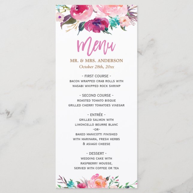Aquarelle moderne violet rose rose Mariage menu (Devant)