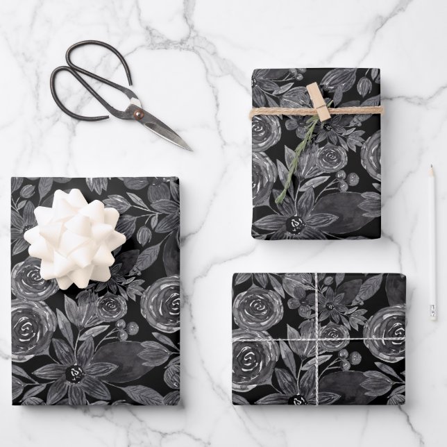 Aquarelle monochrome gris noir Feuilles floraux (Recto)