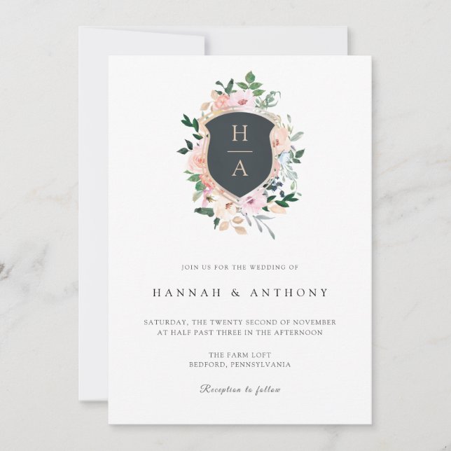 Aquarelle Monogramme Crest Faire-part de mariage (Devant)