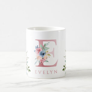 Aquarelle Monogramme Floral Lettre E Café Mug