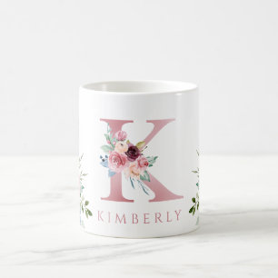 Aquarelle Monogramme Floral Lettre K Café Mug