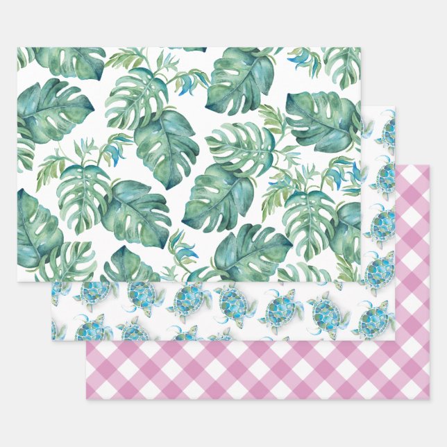 Aquarelle Monstera Feuilles et tortue de mer (Lot)