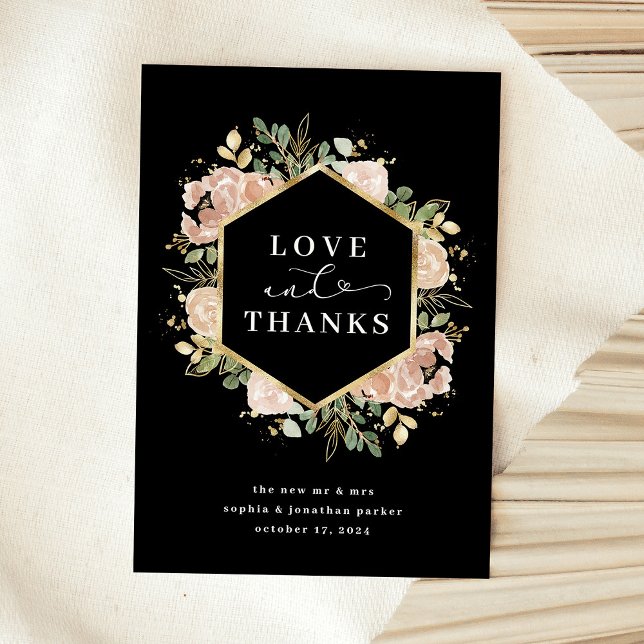 Aquarelle neutre Floral Noir | Amour et Merci (An elegant wedding thank you card in dark black with faux gold accents and your photo on the back)