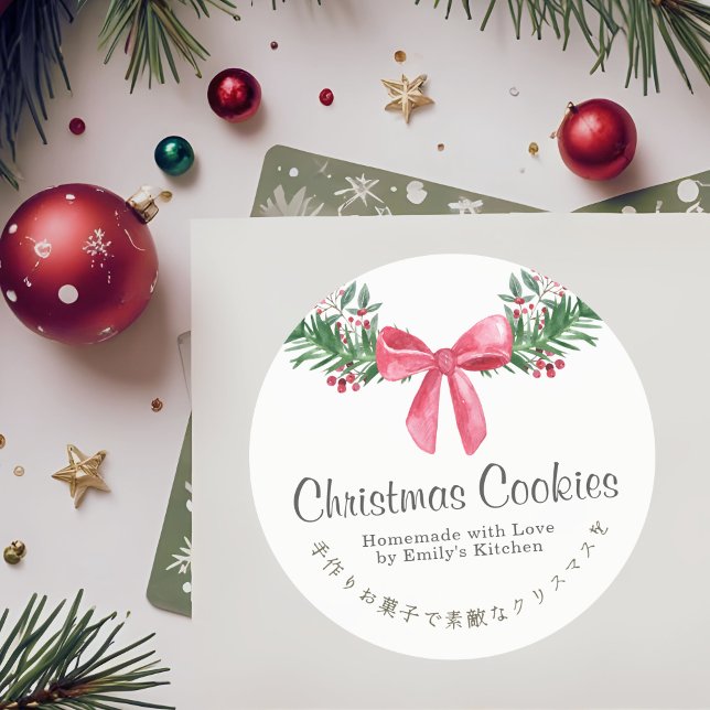 Aquarelle Noël Cookie Box Étiquette Red Bow (Créateur téléchargé)