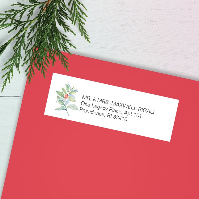 Aquarelle Noël Verdure Étiquettes de adresse (Christmas return address labels original botanical watercolor art Victoria Grigaliunas DoTellABelle)
