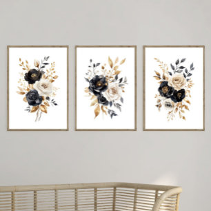 Aquarelle noire Elégante Florales d'or noir