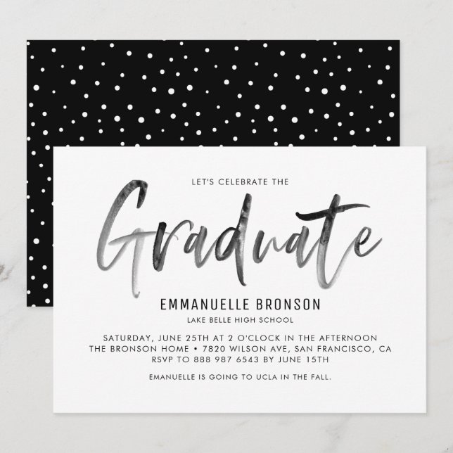 Aquarelle noire Lettering Graduation Invitation I (Devant / Derrière)