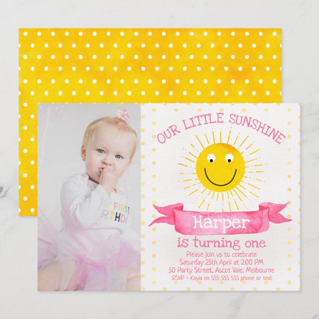 Aquarelle Notre Petit Soleil Invitation Anniversai (Devant / Derrière)