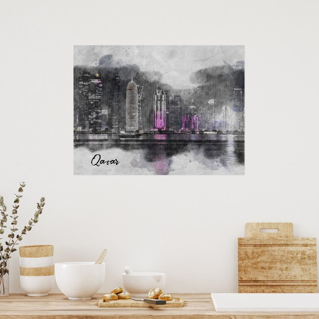 Aquarelle Nuit Poster Qatar - Doha City Skyline (Cuisine)