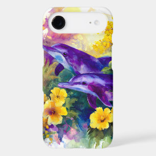 Aquarelle Océan Dauphins Fleurs Tropicales