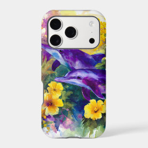 Aquarelle Océan Dauphins Fleurs Tropicales