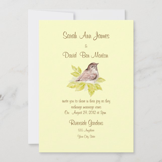 Aquarelle Oiseau Bruant Invitation de mariage, Nat (Devant)