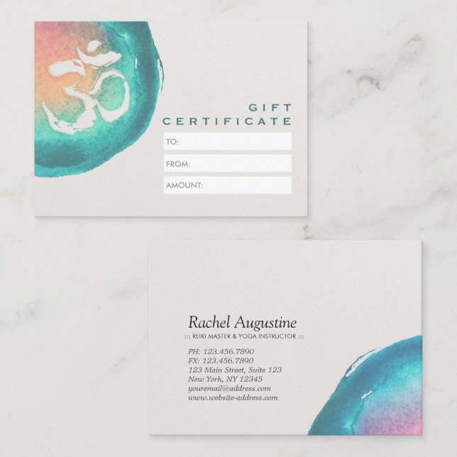 Aquarelle OM Symbole YOGA Studio Certificat cadeau (Devant / Derrière)