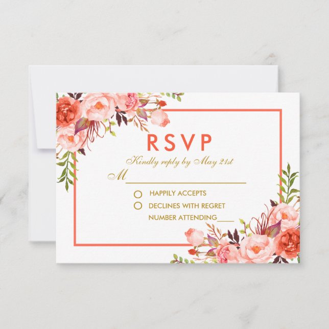 Aquarelle or de corail Floral RSVP Mariage (Devant)