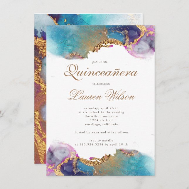 aquarelle or fausse feuille Quinceanera Invitation (Devant / Derrière)